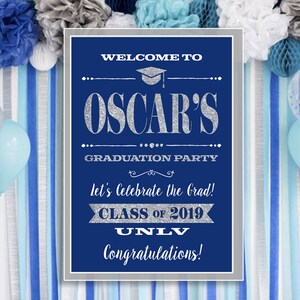 Personalized Printable Graduation Welcome Poster Royal Blue and Silver Glitter