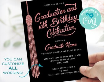 Invitación de graduación de 18 cumpleaños en oro rosa - Plantilla digital personalizable con todo el texto (Corjl Template)