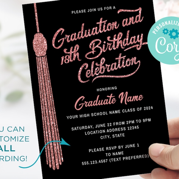 Rose Gold Graduation 18th Birthday Invitation - Digital Template You Personalize ALL Text Corjl Template