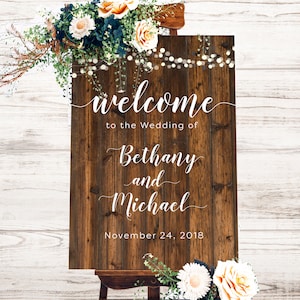 Printable Wedding Welcome Poster, Customized Digital JPG Artwork with Rustic Barnwood and Fairy Lights