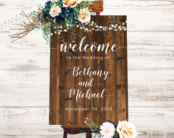 Printable Wedding Welcome Poster, Customized Digital JPG Artwork with Rustic Barnwood and Fairy Lights