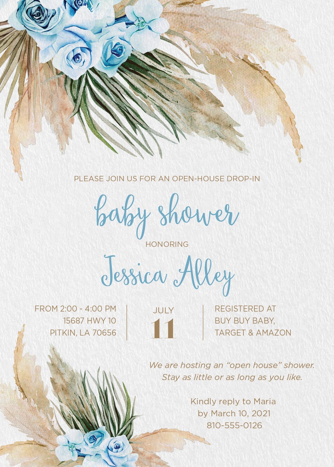 Baby Shower Invitation Boho Blue Floral Pampas Grass and Tropical ...