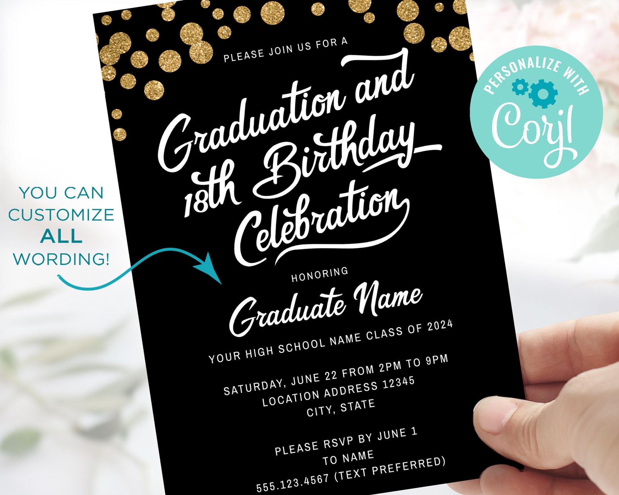 Graduation 18th Birthday Invitation Corjl Digital Template You Personalize  - Etsy, image size:2000x1600