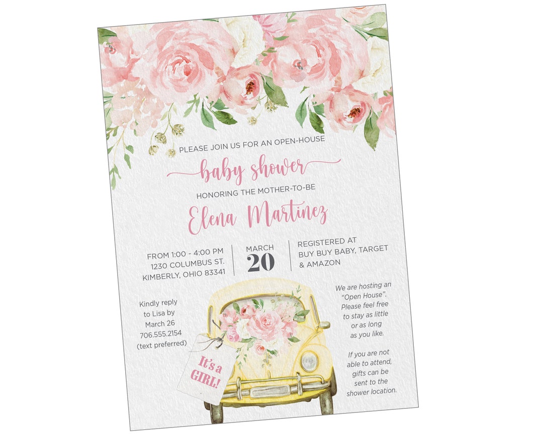 Drop in Baby Shower Invitation With Yellow Retro Car Pink Floral Etsy