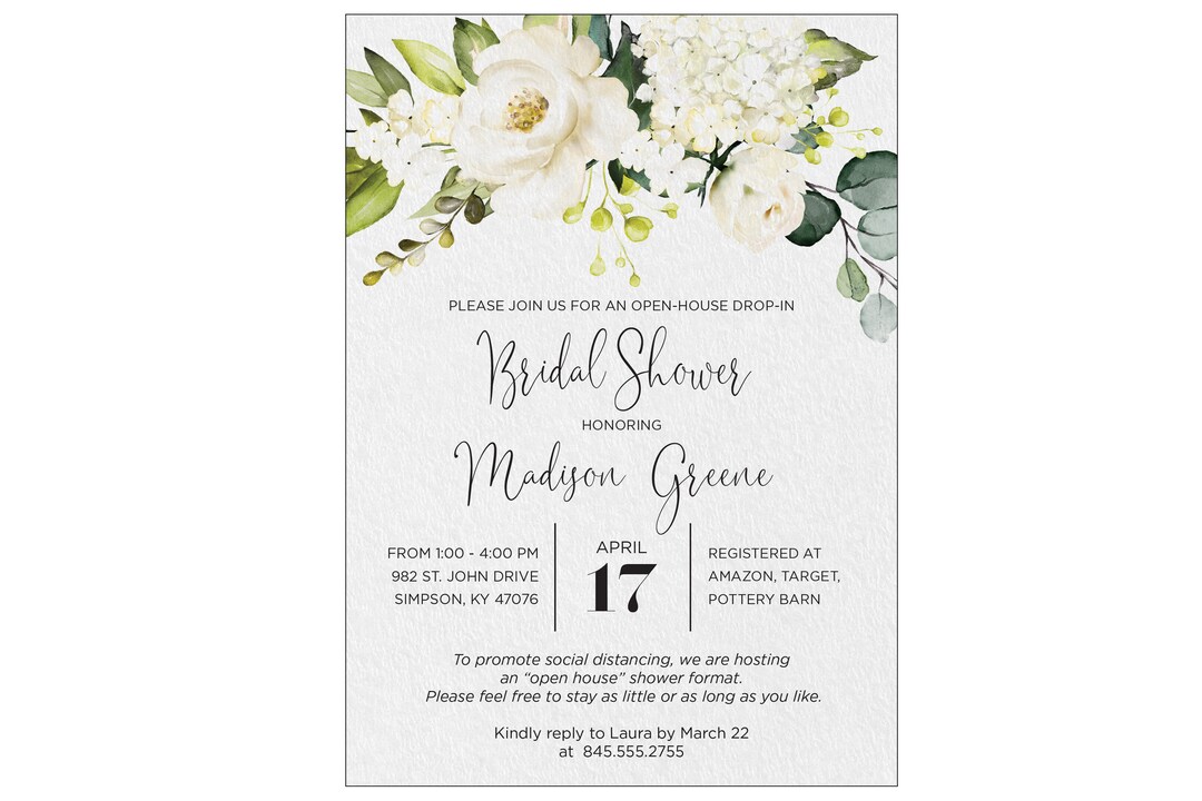 Open House Drop in Shower Invitation With White Roses - Etsy