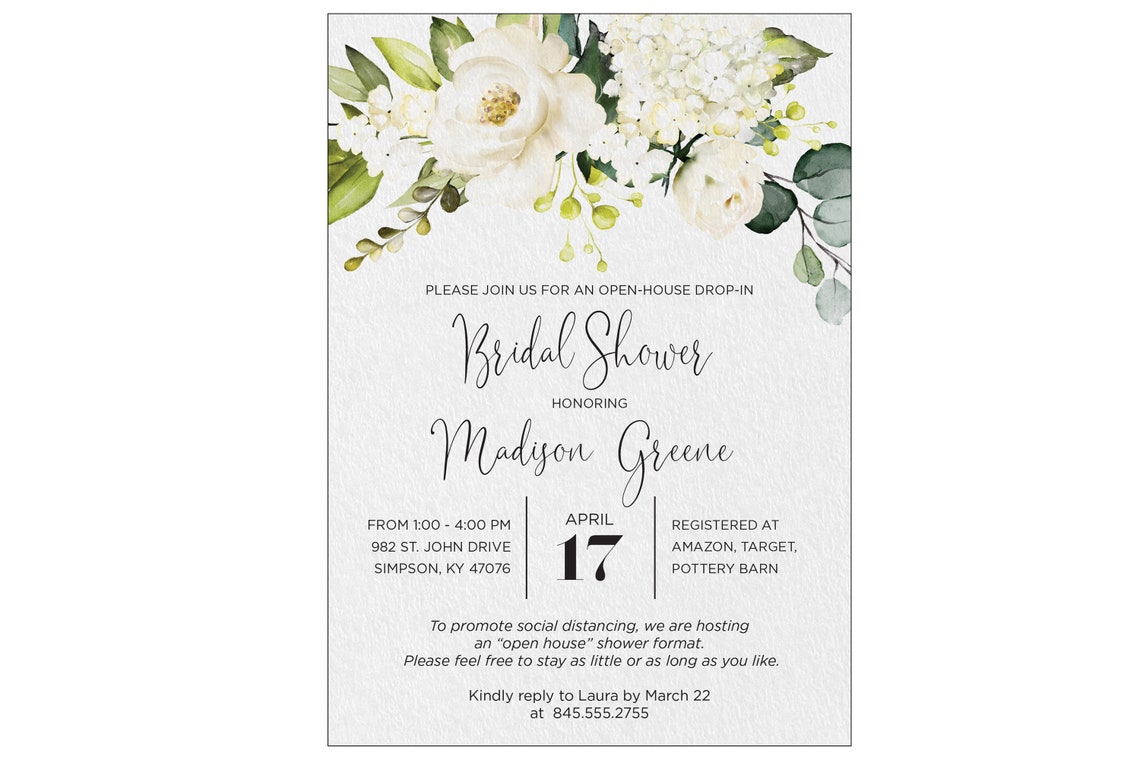 Open House Drop in Shower Invitation With White Roses - Etsy