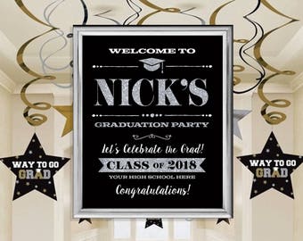 Printable Personalized Grad Party Poster Black and Silver Glitter