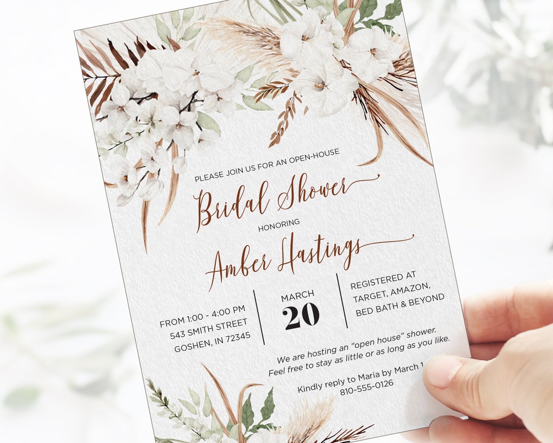 Open House Bridal Shower Invitation With Boho Indie Floral Neutral Rust
