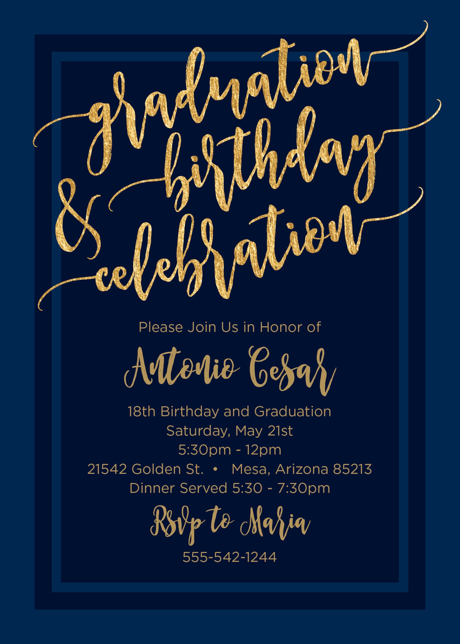 Graduation and Birthday Invitation Navy Blue and Gold Etsy