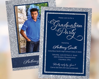 May include: A silver glitter graduation party invitation with a navy blue border. The invitation features a photo of a young man in a blue shirt and the text "Please Join Us for a Graduation Party Honoring Anthony Smith Columbus North High School Class of 2024 Saturday, June 22 from 4-8 pm 206 Winston Churchill Drive Columbus, Ohio Kindly reply by June 1 Carrie 555-554-2131 (text preferred)"