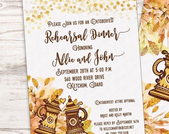 Oktoberfest Rehearsal Dinner Invitation with Fall leaves and Beer steins