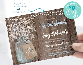 Invitación para baby shower con madera rústica y tarro de cristal: plantilla digital personalizable