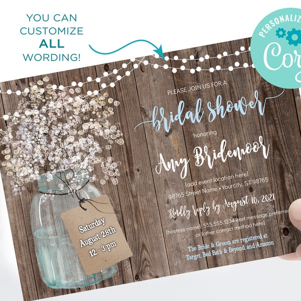 Shower Invitation with Rustic Wood & Mason Jar - Digital Template File You Personalize