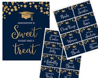 May include: A set of 12 graduation party favor tags with gold glitter accents and a navy blue background. The tags feature graduation-themed puns such as "One Smart Cookie", "Book Worms", "Study Break", and "Graduating Rocks".