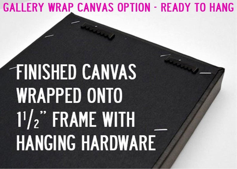 May include: Close-up of the back of a black canvas print with a 1 1/2 inch frame. The canvas is wrapped around the frame and secured with staples. The print includes the text "FINISHED CANVAS WRAPPED ONTO 1 1/2" FRAME WITH HANGING HARDWARE".