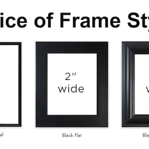 May include: Three black picture frames with different frame styles. The first frame is 3/8 inch wide and labeled "Black Flat Metal". The second frame is 2 inches wide and labeled "Black Flat". The third frame is 2 inches wide and labeled "Black Rounded".