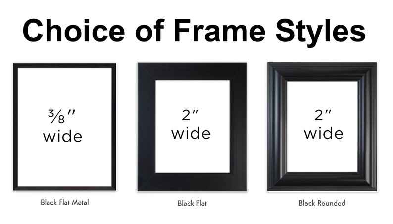 May include: Three black picture frames with different frame styles. The first frame is 3/8 inch wide and labeled "Black Flat Metal". The second frame is 2 inches wide and labeled "Black Flat". The third frame is 2 inches wide and labeled "Black Rounded".