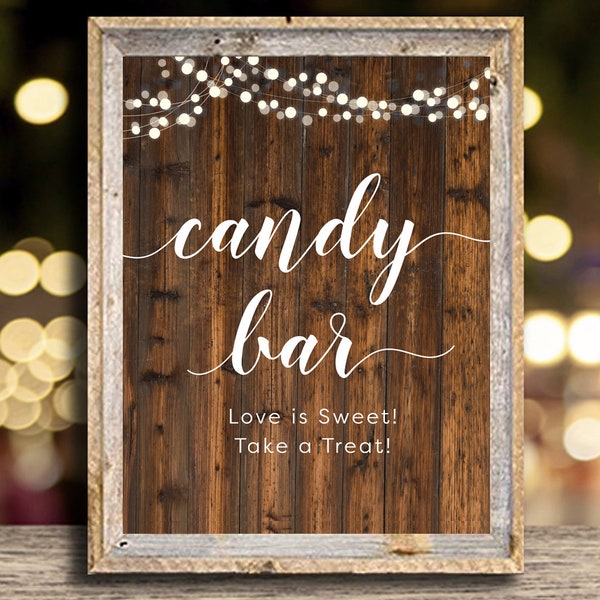 Candy Bar | Love is Sweet | Wedding Sign | Party Sign | Instant Download | DIY Printable Sign | 8x10 File | Rustic Wood | Fairy Lights