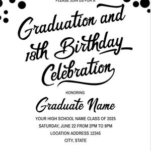 Può includere: Invito di laurea e 18° compleanno in bianco e nero con un design a coriandoli. L'invito include il testo "Graduation and 18th Birthday Celebration" e "Graduate Name".