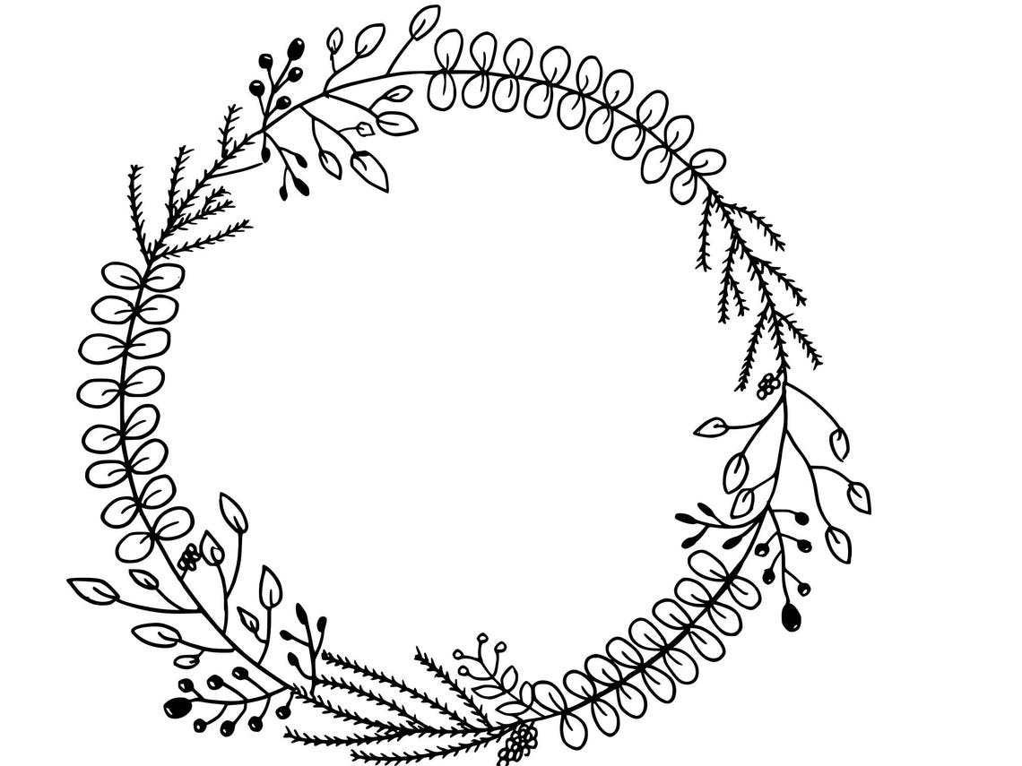 Black and White Hand-drawn Floral Wreath Printable Instant Digital ...