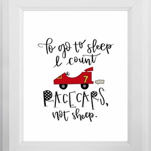 Para ir a dormir cuento autos de carrera, no ovejas/Impresiones de autos de carrera/Imprimible de autos/Arte de pared para habitación de niños/Arte para niños/Arte de autos/Imprimible de caligrafía