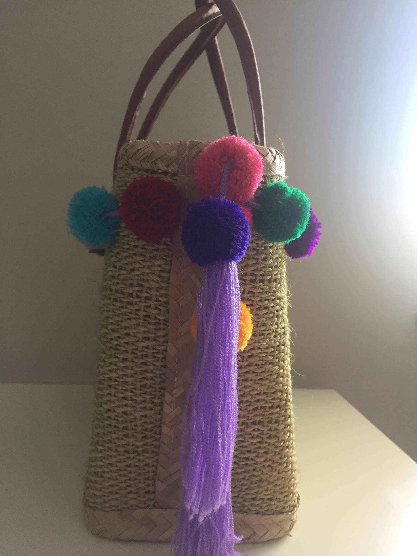 Straw Bag With Pom Poms Lime Green With a Purple Tassel on - Etsy