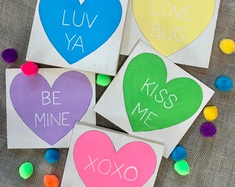 Valentine hearts | conversation heart sign | be mine | kiss me | xoxo | love bug | luv ya | hand painted wood sign | valentine heart decor