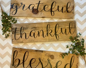 Grateful | Thankful | Blessed | Fall Decor | Thanksgiving Decor | Hand painted reclaimed wood