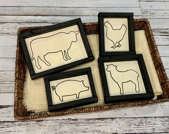Farmhouse animal sign set | hand painted wood signs | rustic home decor | tiered tray decor | cow | chicken | pig | sheep | shelf sitter