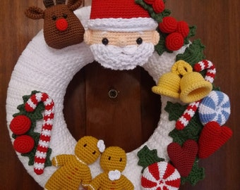 Christmas wreath for front door, Santa Claus wreath, handmade Christmas crochet wreath