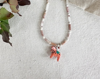Vintage Painted Wood Horse Charm Necklace - Horse Girl Necklace - Wood Bead Horse Necklace