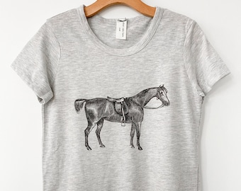 Horse Heather Grey Crew Tee - Vintage Horse Art Tee - Equestrian Crew Tee