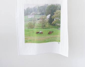 Foto van paarden in groene weide gedrukt op meelzak theedoek "Grazers" / paardentheedoek / paardensport theedoek