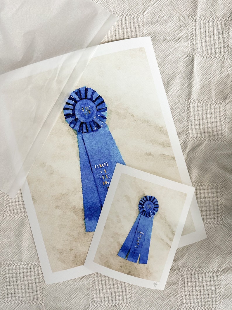 16x20 Watercolor Print of a Blue Ribbon Brown Jumping Saddle /Watercolor / Equestrian Art / Equestrian Home Decor image 1