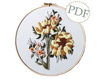 Summer Sunflower Hand Embroidery Pattern. PDF Downloadable Tutorial For Beginners. Floral Embroidery Piece DIY Design