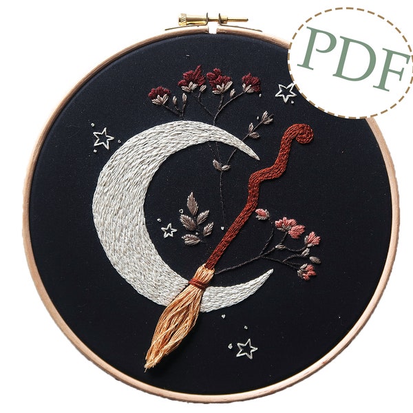 Halloween Mond und Besen Hand Embroidery PDF herunterladbare Muster Tutorial / Instant Download / Herbst Herbst Hexe Embroidery Hoop Art