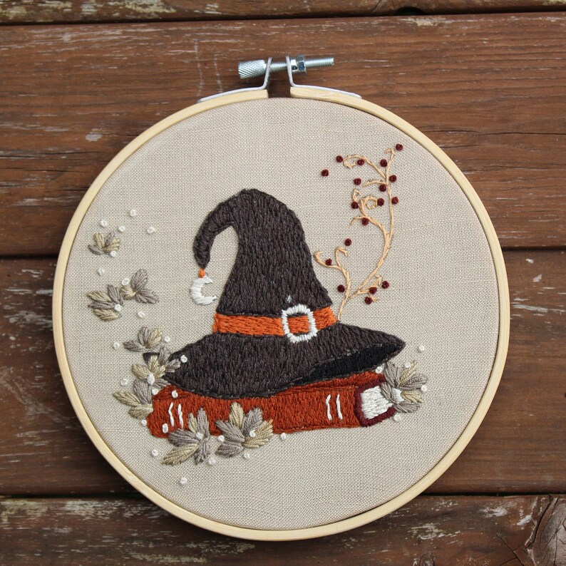 Autumn Witch Hat Embroidery PDF Pattern Embroidery Hoop Art Hand Embroidery Downloadable Tutorial DIY Design