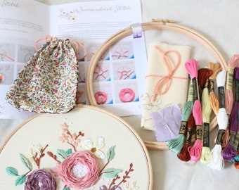 Dusky Rose Embroidery Kit, DIY embroidery, DIY home decor, embroidery kit, flower embroidery, floral embroidery pattern, Embroidery