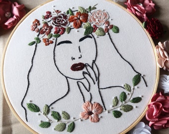 Floral Portrait Hand Embroidery Hoop Art || Personalised Custom Hoop || Hand-Stitched Textile Art. Wall Decor.