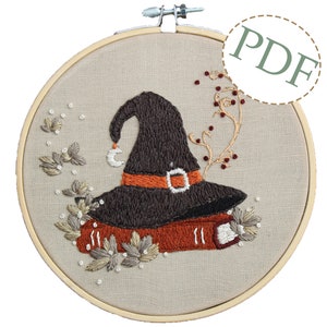 Autumn Witch Hat Embroidery PDF Pattern. Hand Embroidery Downloadable Tutorial.  Embroidery Hoop Art. DIY Design