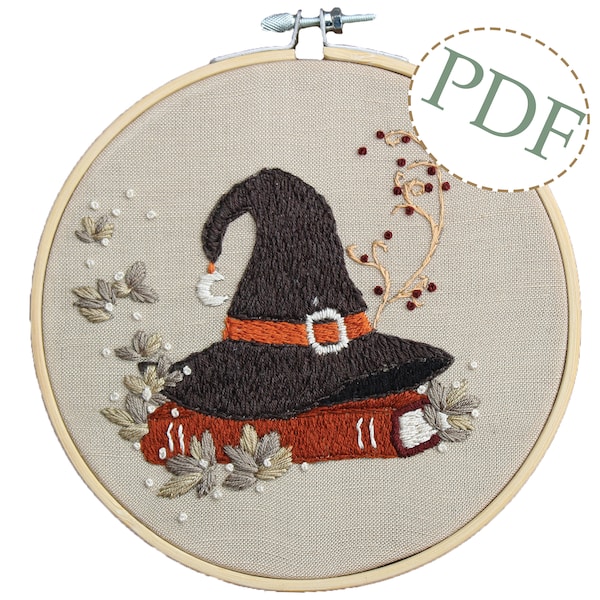 Autumn Witch Hat Embroidery PDF Pattern. Hand Embroidery Downloadable Tutorial.  Embroidery Hoop Art. DIY Design