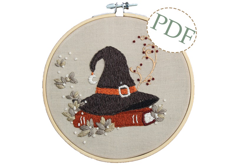 Autumn Witch Hat Embroidery PDF Pattern Embroidery Hoop Art Hand Embroidery Downloadable Tutorial DIY Design