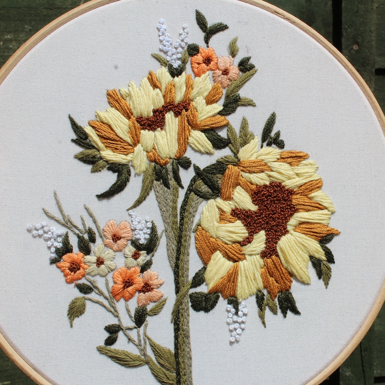 Summer Sunflower Hand Embroidery Pattern. PDF Downloadable Tutorial for