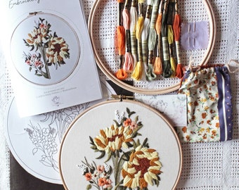 Summer Sunflower Hand Embroidery Kit. Floral Embroidery DIY Kit.  Home Decor, Beginner Embroidery Pattern