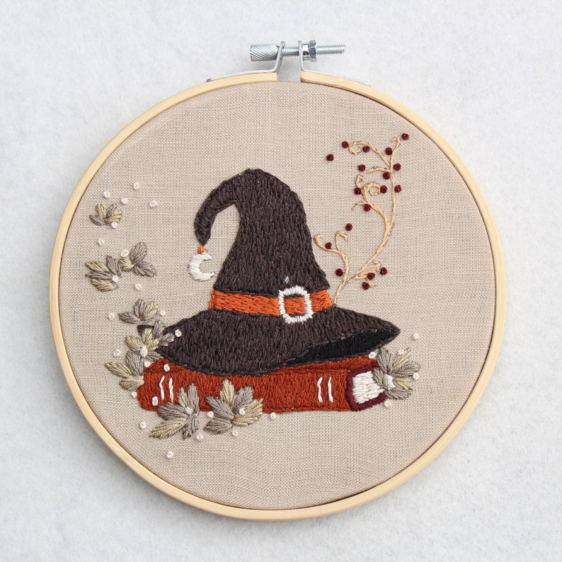 Autumn Witch Hat Embroidery PDF Pattern Embroidery Hoop Art Hand Embroidery Downloadable Tutorial DIY Design
