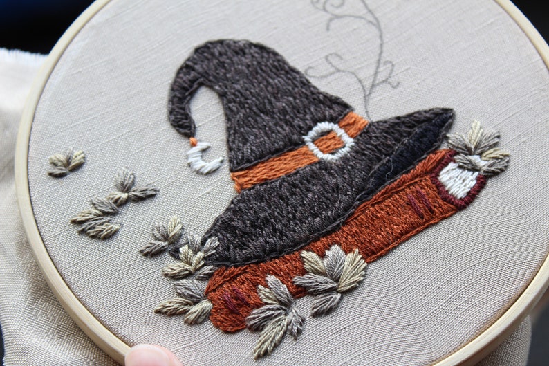 Autumn Witch Hat Embroidery PDF Pattern Embroidery Hoop Art Hand Embroidery Downloadable Tutorial DIY Design
