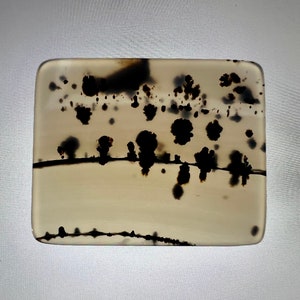 Può includere: Una lastra di agata beige chiaro lucidata con un motivo unico di inclusioni dendritiche di colore marrone scuro. L'agata ha una superficie liscia e lucidata e una forma rettangolare.