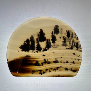 Può includere: Una fetta di agata lucidata con un design di paesaggio unico. L'agata presenta uno sfondo bianco con motivi dendritici marroni e neri che ricordano alberi e montagne.