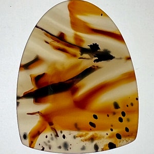 Può includere: Una pietra di agata lucidata con un motivo unico di marrone, bianco e nero. La pietra ha una forma ovale liscia ed è perfetta per la creazione di gioielli o come pezzo decorativo.