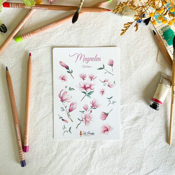 Planche de Stickers "Magnolia" - Autocollants décoratifs, papier vinyle mat, papeterie illustrée, stickers printemps